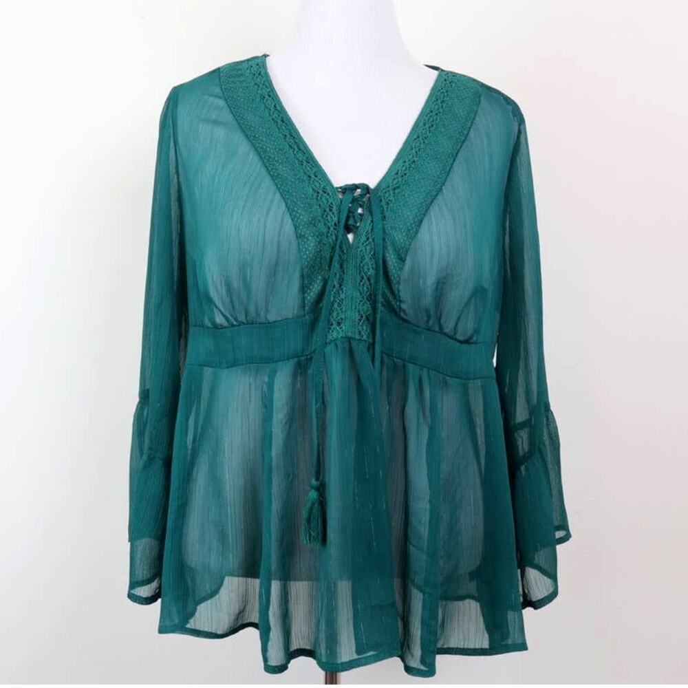 Torrid Size 0 L Babydoll Chiffon Blouse Bell Sleeve Lace-Up Green - Picture 3 of 12
